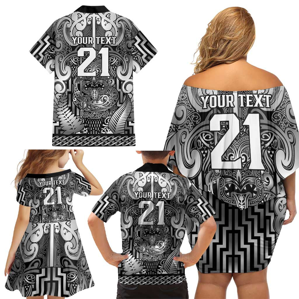 Custom New Zealand Taiaha Maori Family Matching Off Shoulder Short Dress and Hawaiian Shirt Kiwikiwi Minimalist Silver Fern Tukutuku Motif