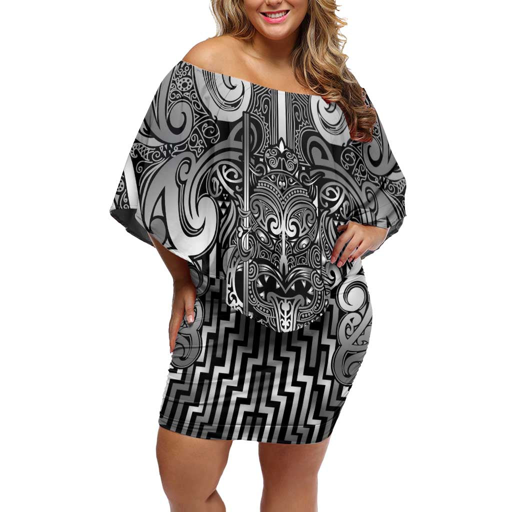 Custom New Zealand Taiaha Maori Family Matching Off Shoulder Short Dress and Hawaiian Shirt Kiwikiwi Minimalist Silver Fern Tukutuku Motif