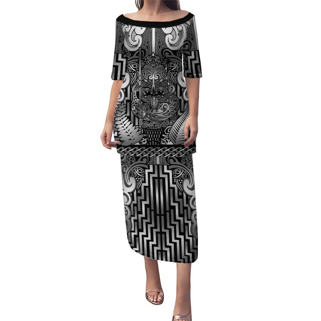 Custom New Zealand Taiaha Maori Family Matching Puletasi and Hawaiian Shirt Kiwikiwi Minimalist Silver Fern Tukutuku Motif