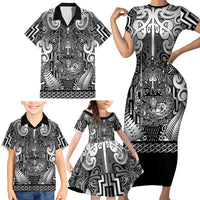 Custom New Zealand Taiaha Maori Family Matching Short Sleeve Bodycon Dress and Hawaiian Shirt Kiwikiwi Minimalist Silver Fern Tukutuku Motif