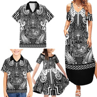 Custom New Zealand Taiaha Maori Family Matching Summer Maxi Dress and Hawaiian Shirt Kiwikiwi Minimalist Silver Fern Tukutuku Motif