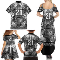 Custom New Zealand Taiaha Maori Family Matching Summer Maxi Dress and Hawaiian Shirt Kiwikiwi Minimalist Silver Fern Tukutuku Motif