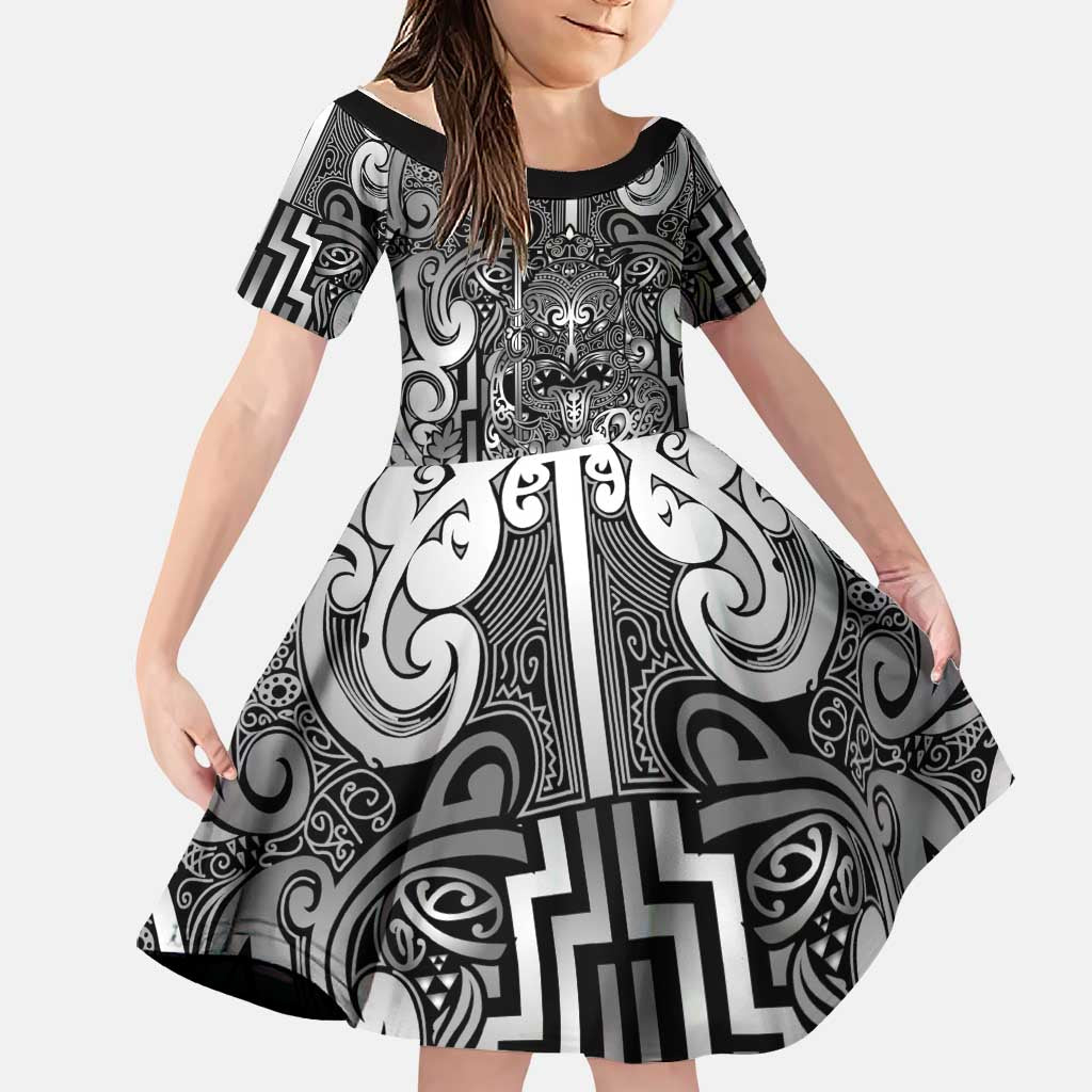 Custom New Zealand Taiaha Maori Family Matching Tank Maxi Dress and Hawaiian Shirt Kiwikiwi Minimalist Silver Fern Tukutuku Motif LT9 Daughter's Dress White - Polynesian Pride