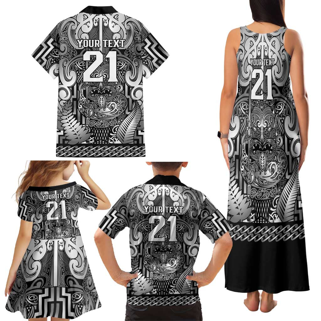 Custom New Zealand Taiaha Maori Family Matching Tank Maxi Dress and Hawaiian Shirt Kiwikiwi Minimalist Silver Fern Tukutuku Motif LT9 - Polynesian Pride