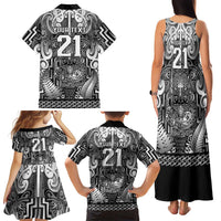 Custom New Zealand Taiaha Maori Family Matching Tank Maxi Dress and Hawaiian Shirt Kiwikiwi Minimalist Silver Fern Tukutuku Motif LT9 - Polynesian Pride