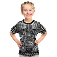 Custom New Zealand Taiaha Maori Kid T Shirt Kiwikiwi Minimalist Silver Fern Tukutuku Motif