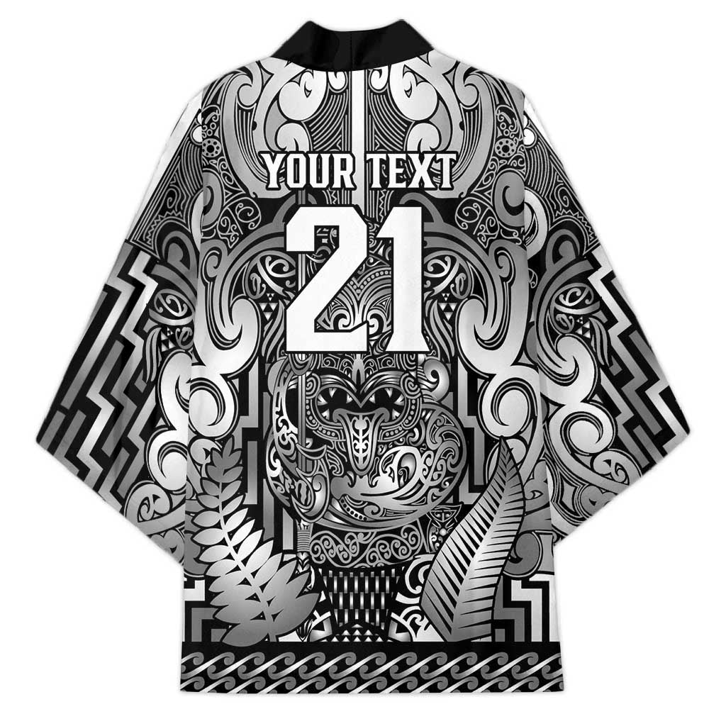 Custom New Zealand Taiaha Maori Kimono Kiwikiwi Minimalist Silver Fern Tukutuku Motif