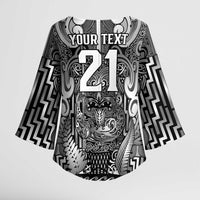 Custom New Zealand Taiaha Maori Kimono Sleeve Blouse Kiwikiwi Minimalist Silver Fern Tukutuku Motif