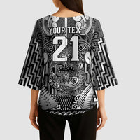 Custom New Zealand Taiaha Maori Kimono Sleeve Blouse Kiwikiwi Minimalist Silver Fern Tukutuku Motif