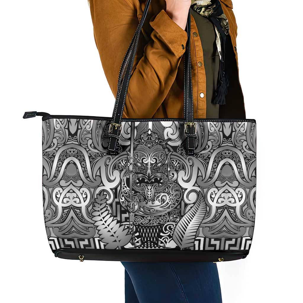 New Zealand Taiaha Maori Leather Tote Bag Kiwikiwi Minimalist Silver Fern Tukutuku Motif
