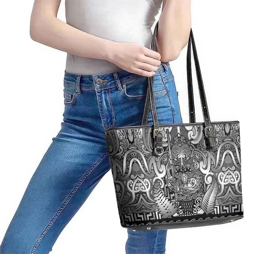 New Zealand Taiaha Maori Leather Tote Bag Kiwikiwi Minimalist Silver Fern Tukutuku Motif