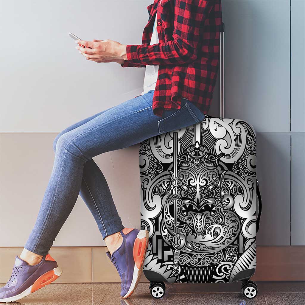 New Zealand Taiaha Maori Luggage Cover Kiwikiwi Minimalist Silver Fern Tukutuku Motif