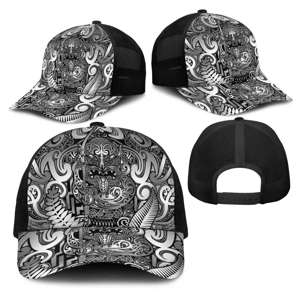 New Zealand Taiaha Maori Mesh Trucker Cap Kiwikiwi Minimalist Silver Fern Tukutuku Motif