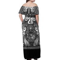 Custom New Zealand Taiaha Maori Off Shoulder Maxi Dress Kiwikiwi Minimalist Silver Fern Tukutuku Motif