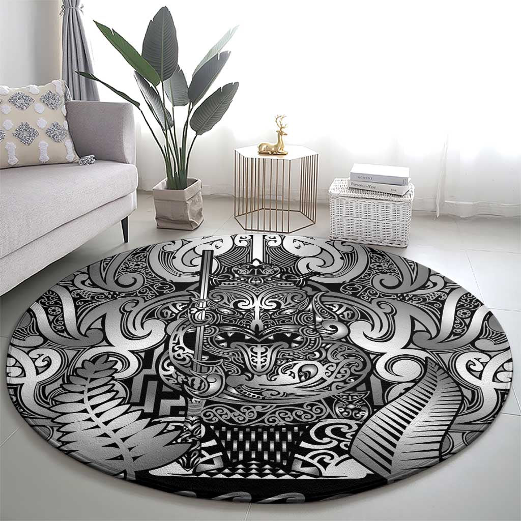 New Zealand Taiaha Maori Round Carpet Kiwikiwi Minimalist Silver Fern Tukutuku Motif