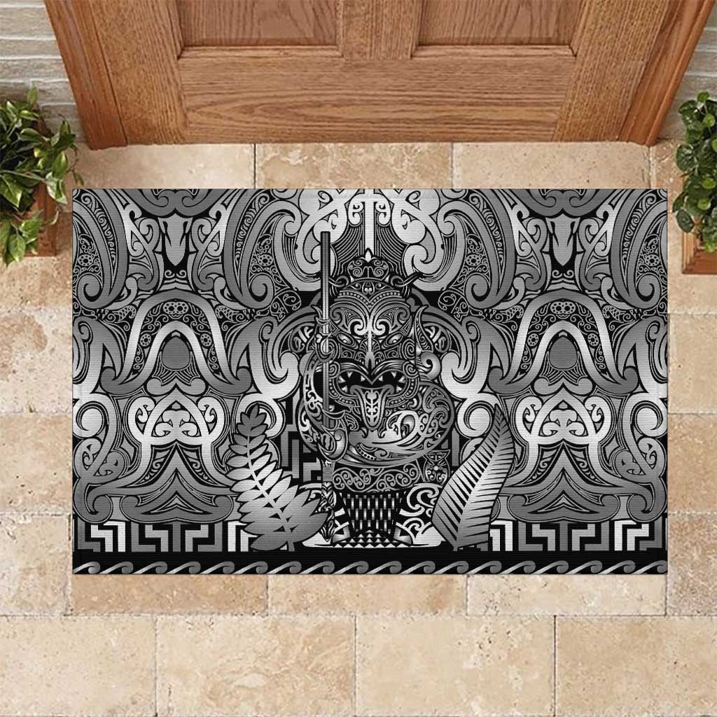 New Zealand Taiaha Maori Rubber Doormat Kiwikiwi Minimalist Silver Fern Tukutuku Motif LT9 White - Polynesian Pride