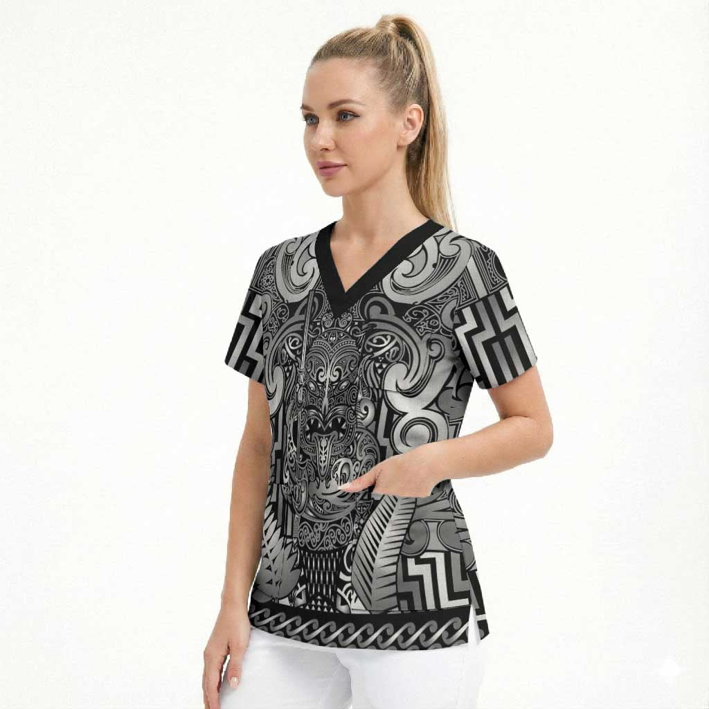 Custom New Zealand Taiaha Maori Scrub Top Kiwikiwi Minimalist Silver Fern Tukutuku Motif