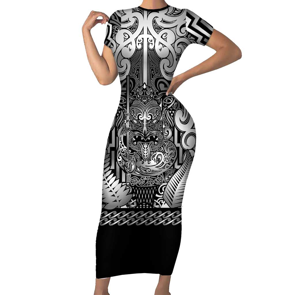 Custom New Zealand Taiaha Maori Short Sleeve Bodycon Dress Kiwikiwi Minimalist Silver Fern Tukutuku Motif LT9 Long Dress White - Polynesian Pride