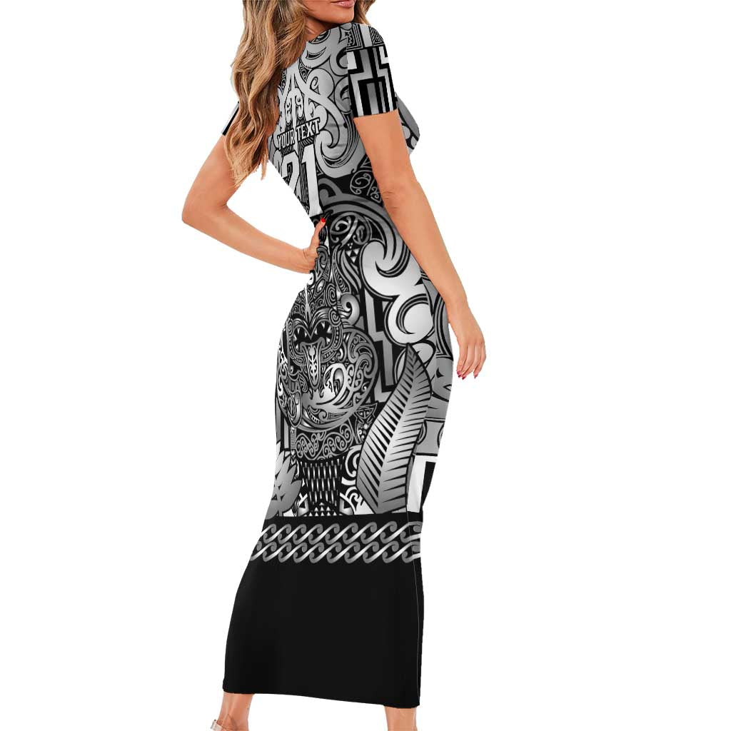 Custom New Zealand Taiaha Maori Short Sleeve Bodycon Dress Kiwikiwi Minimalist Silver Fern Tukutuku Motif LT9 - Polynesian Pride
