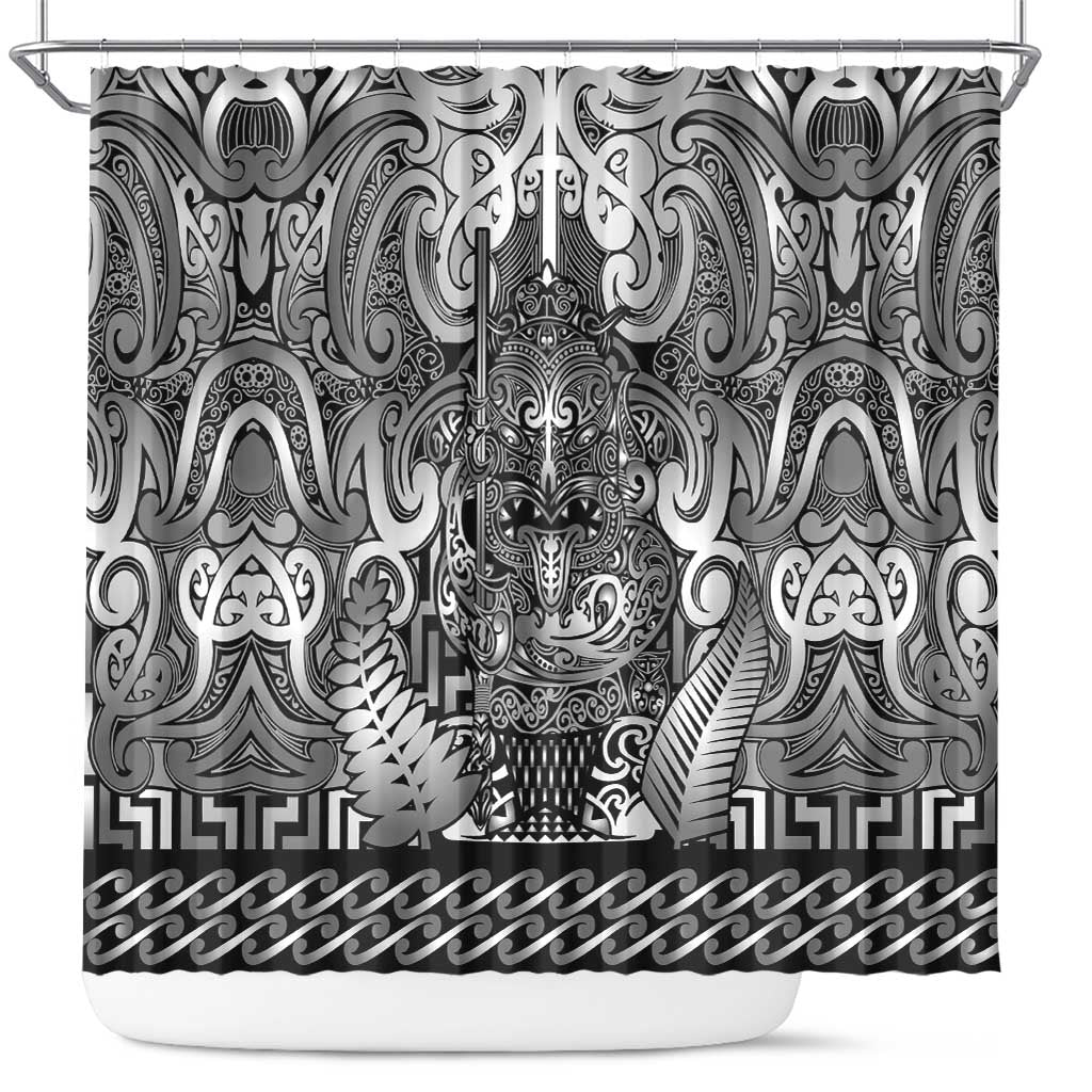 New Zealand Taiaha Maori Shower Curtain Kiwikiwi Minimalist Silver Fern Tukutuku Motif