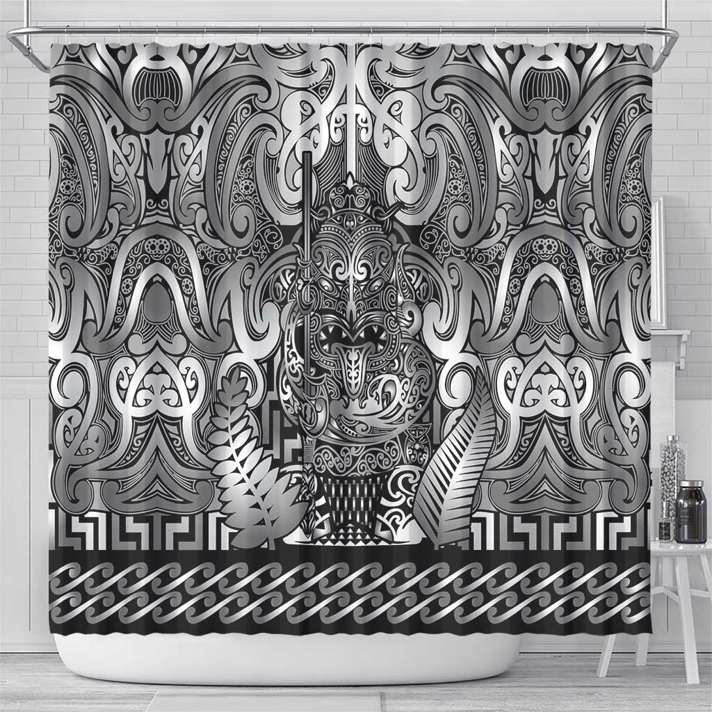 New Zealand Taiaha Maori Shower Curtain Kiwikiwi Minimalist Silver Fern Tukutuku Motif