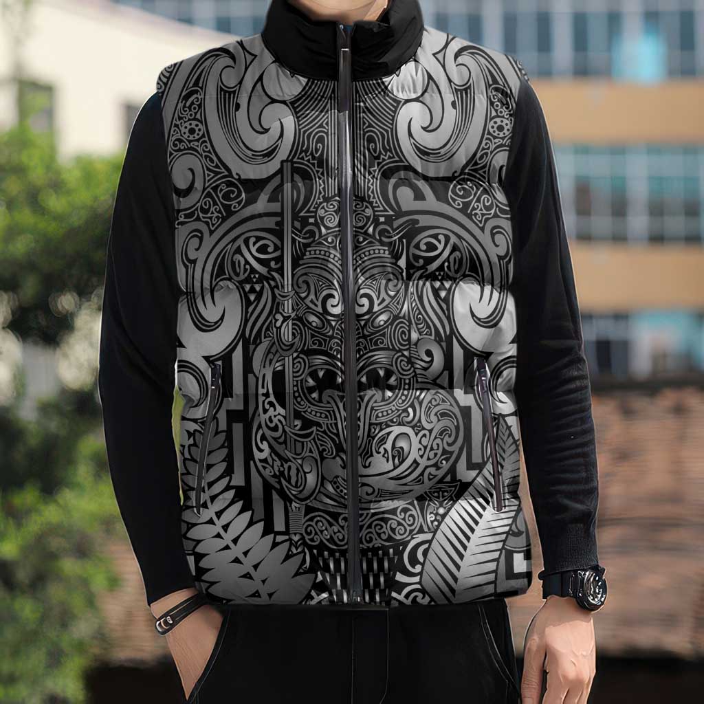 Custom New Zealand Taiaha Maori Sleeveless Puffer Jacket Kiwikiwi Minimalist Silver Fern Tukutuku Motif