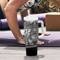 Custom New Zealand Taiaha Maori Tumbler With Handle Kiwikiwi Minimalist Silver Fern Tukutuku Motif