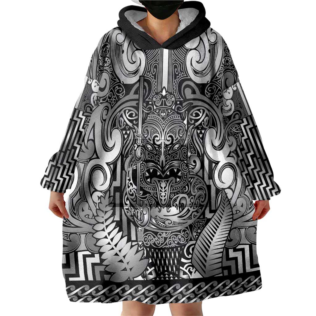Custom New Zealand Taiaha Maori Wearable Blanket Hoodie Kiwikiwi Minimalist Silver Fern Tukutuku Motif