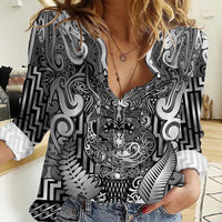 Custom New Zealand Taiaha Maori Women Casual Shirt Kiwikiwi Minimalist Silver Fern Tukutuku Motif