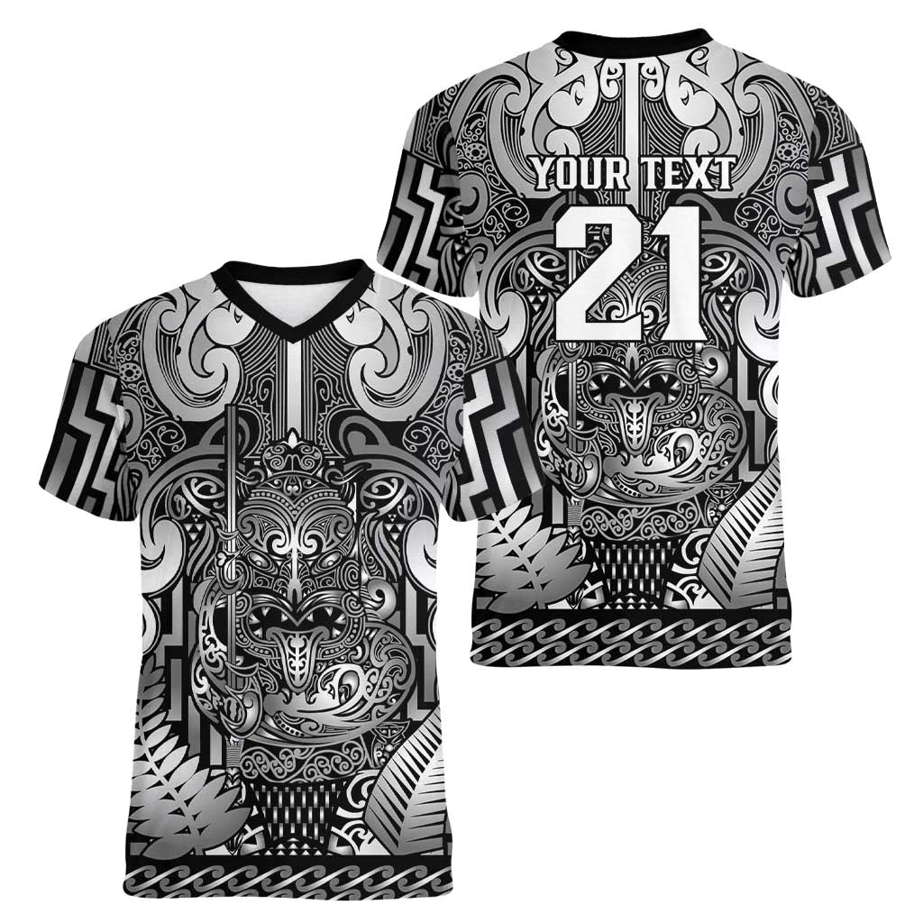 Custom New Zealand Taiaha Maori Women V-Neck T-Shirt Kiwikiwi Minimalist Silver Fern Tukutuku Motif
