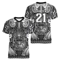 Custom New Zealand Taiaha Maori Women V-Neck T-Shirt Kiwikiwi Minimalist Silver Fern Tukutuku Motif