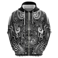 Custom New Zealand Taiaha Maori Zip Hoodie Kiwikiwi Minimalist Silver Fern Tukutuku Motif