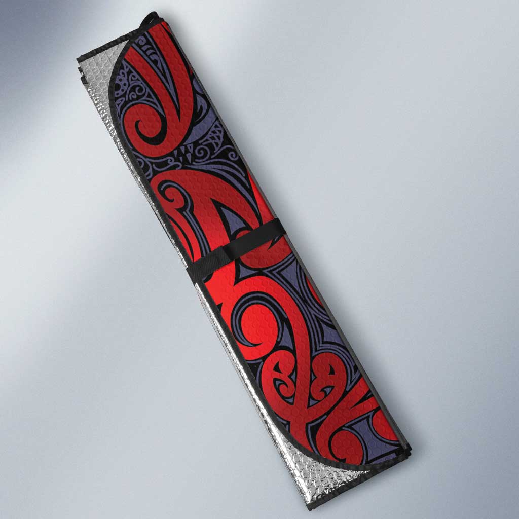 New Zealand Taiaha Maori Auto Sun Shade Whero Minimalist Silver Fern Tukutuku Motif