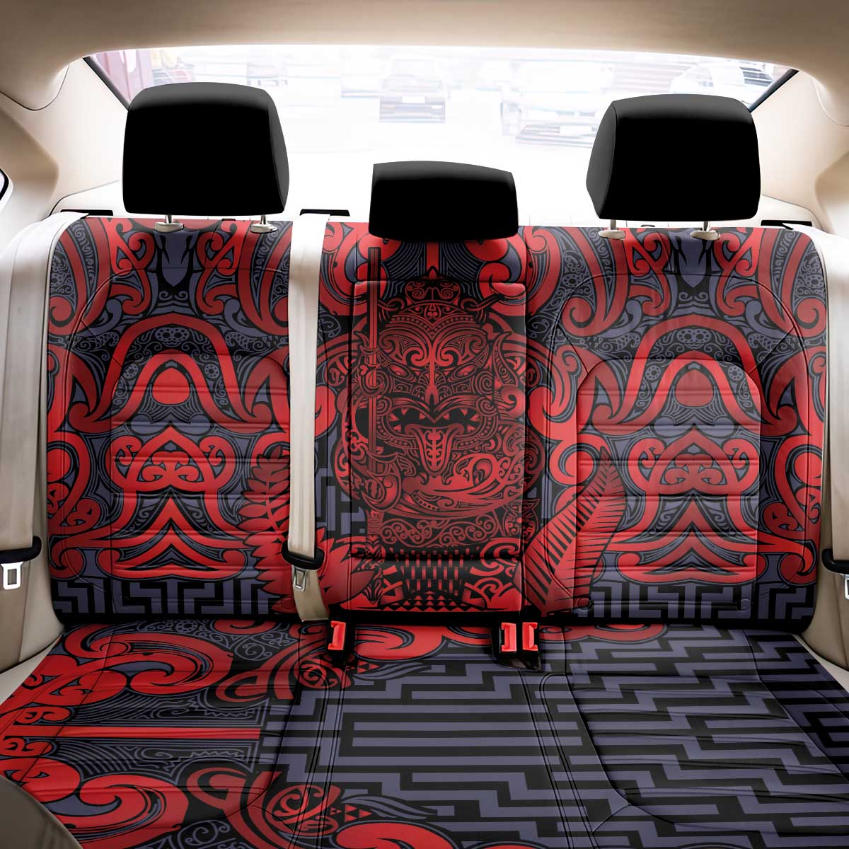 New Zealand Taiaha Maori Back Car Seat Cover Whero Minimalist Silver Fern Tukutuku Motif