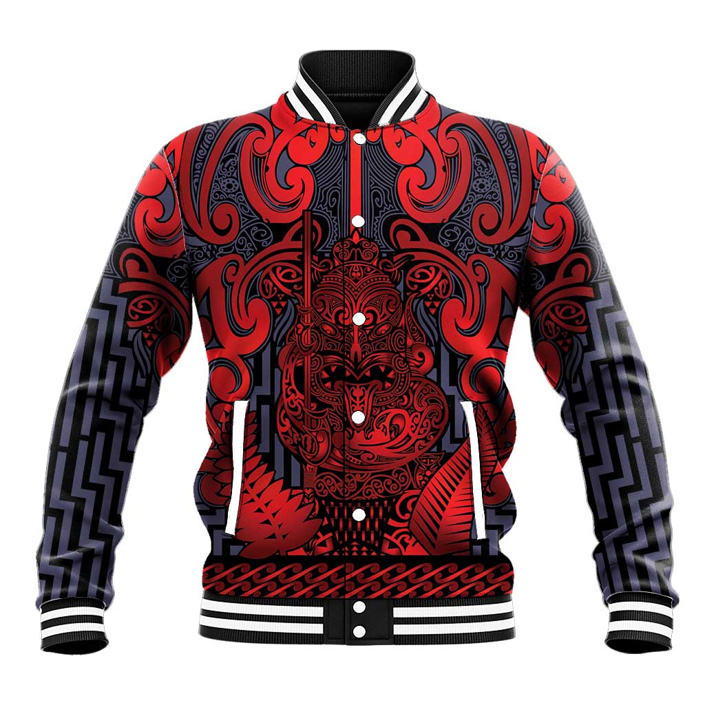 Custom New Zealand Taiaha Maori Baseball Jacket Whero Minimalist Silver Fern Tukutuku Motif LT9 Unisex Red - Polynesian Pride