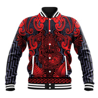 Custom New Zealand Taiaha Maori Baseball Jacket Whero Minimalist Silver Fern Tukutuku Motif LT9 Unisex Red - Polynesian Pride