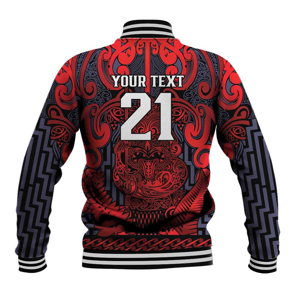 Custom New Zealand Taiaha Maori Baseball Jacket Whero Minimalist Silver Fern Tukutuku Motif LT9 - Polynesian Pride