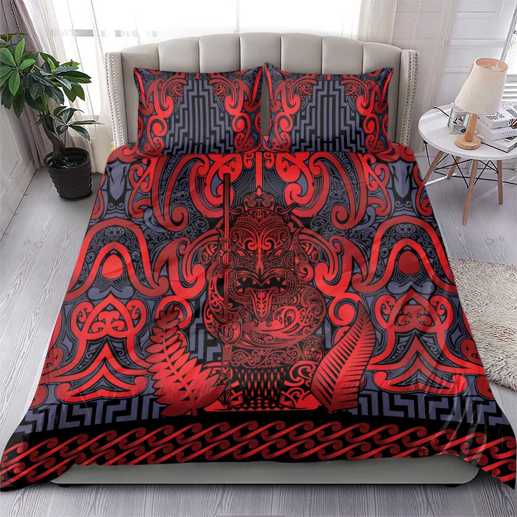 New Zealand Taiaha Maori Bedding Set Whero Minimalist Silver Fern Tukutuku Motif