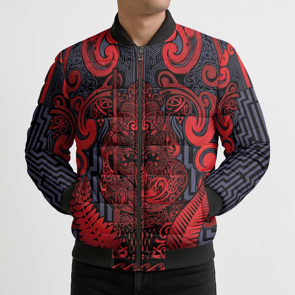Custom New Zealand Taiaha Maori Bomber Puffer Jacket Whero Minimalist Silver Fern Tukutuku Motif