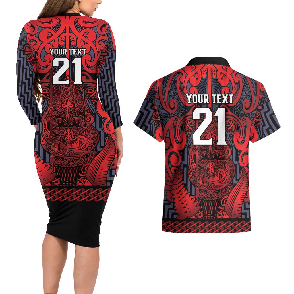 Custom New Zealand Taiaha Maori Couples Matching Long Sleeve Bodycon Dress and Hawaiian Shirt Whero Minimalist Silver Fern Tukutuku Motif