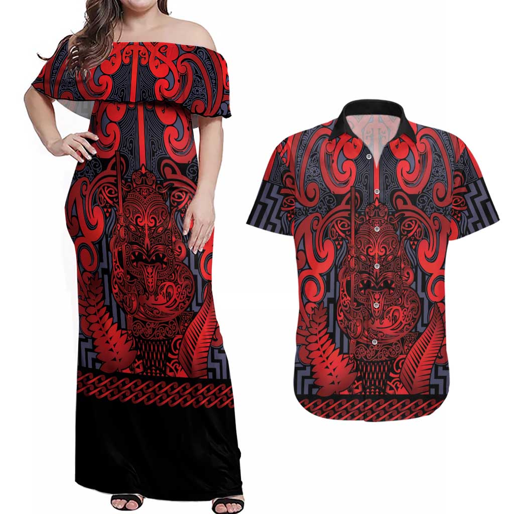 Custom New Zealand Taiaha Maori Couples Matching Off Shoulder Maxi Dress and Hawaiian Shirt Whero Minimalist Silver Fern Tukutuku Motif
