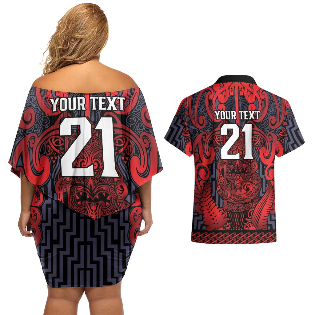 Custom New Zealand Taiaha Maori Couples Matching Off Shoulder Short Dress and Hawaiian Shirt Whero Minimalist Silver Fern Tukutuku Motif