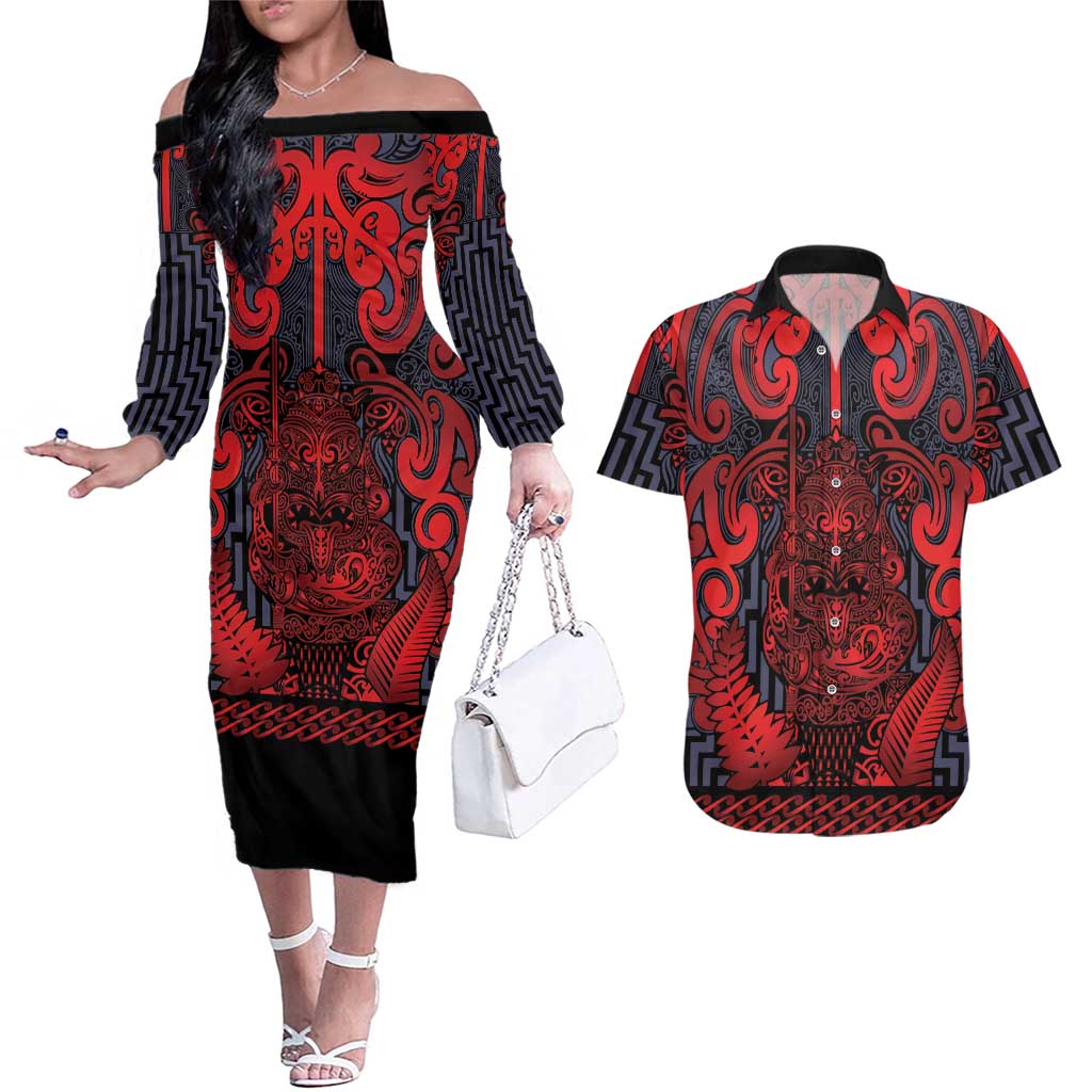Custom New Zealand Taiaha Maori Couples Matching Off The Shoulder Long Sleeve Dress and Hawaiian Shirt Whero Minimalist Silver Fern Tukutuku Motif