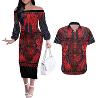Custom New Zealand Taiaha Maori Couples Matching Off The Shoulder Long Sleeve Dress and Hawaiian Shirt Whero Minimalist Silver Fern Tukutuku Motif