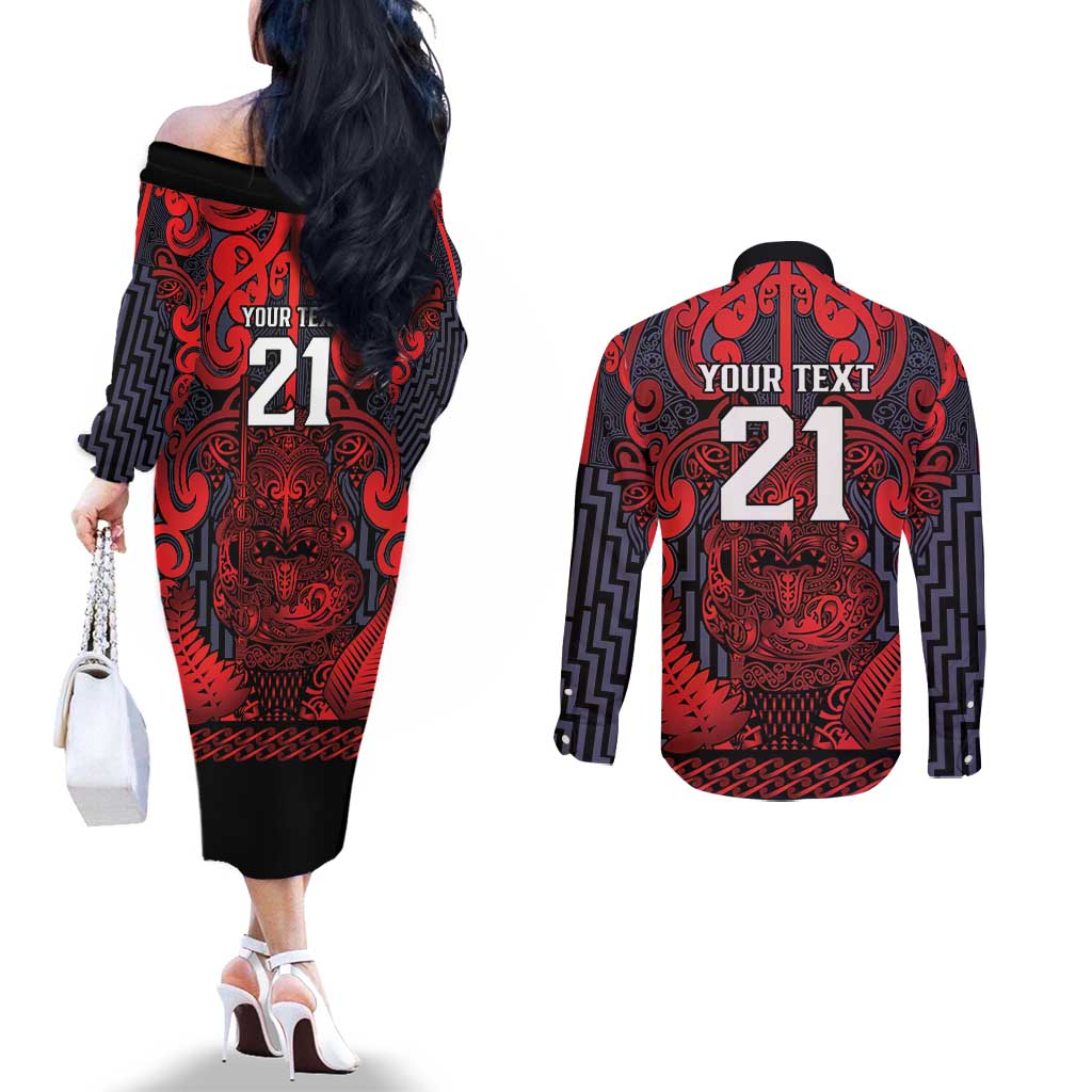 Custom New Zealand Taiaha Maori Couples Matching Off The Shoulder Long Sleeve Dress and Long Sleeve Button Shirt Whero Minimalist Silver Fern Tukutuku Motif
