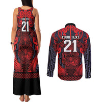 Custom New Zealand Taiaha Maori Couples Matching Tank Maxi Dress and Long Sleeve Button Shirt Whero Minimalist Silver Fern Tukutuku Motif