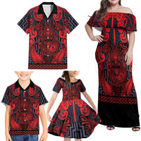 Custom New Zealand Taiaha Maori Family Matching Off Shoulder Maxi Dress and Hawaiian Shirt Whero Minimalist Silver Fern Tukutuku Motif