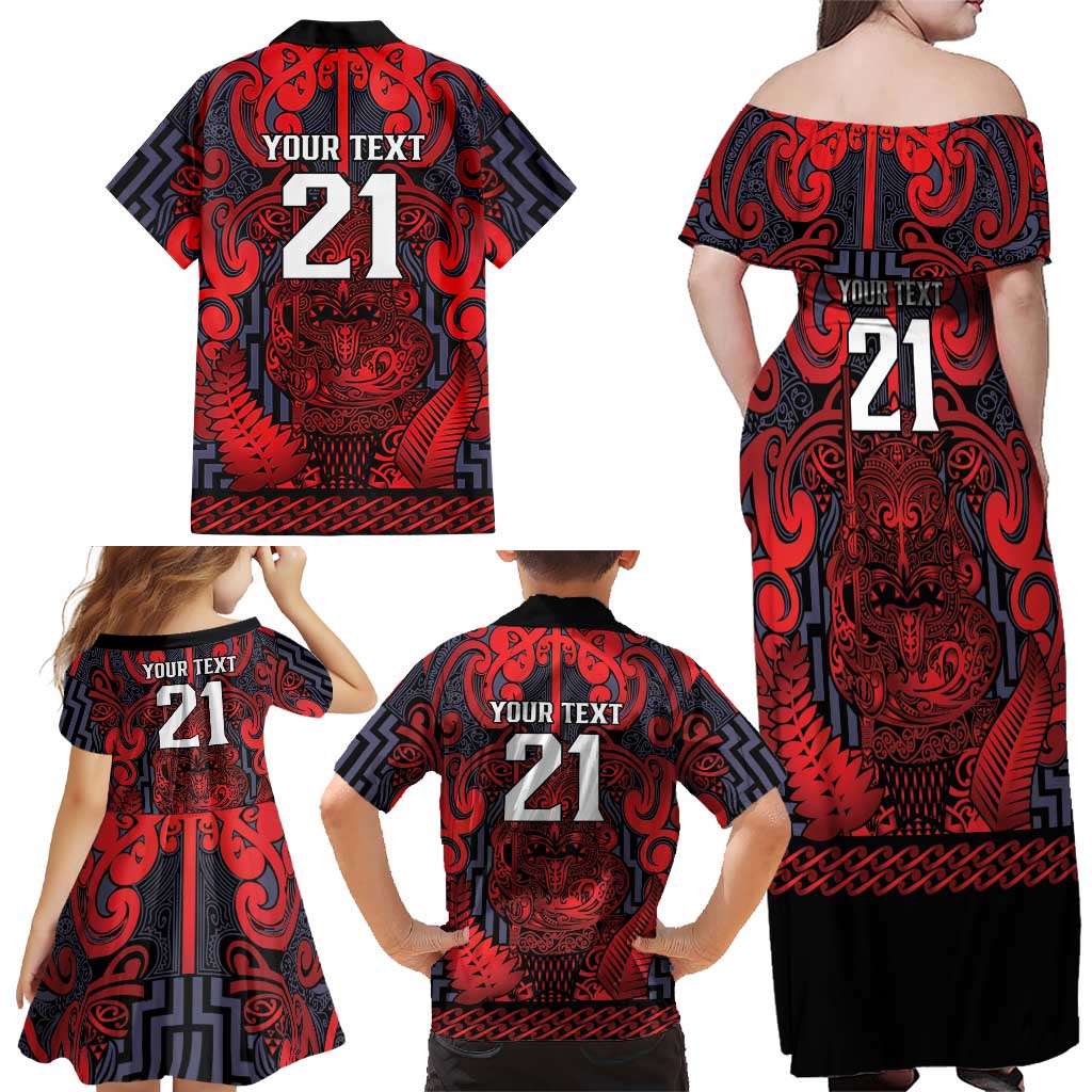 Custom New Zealand Taiaha Maori Family Matching Off Shoulder Maxi Dress and Hawaiian Shirt Whero Minimalist Silver Fern Tukutuku Motif