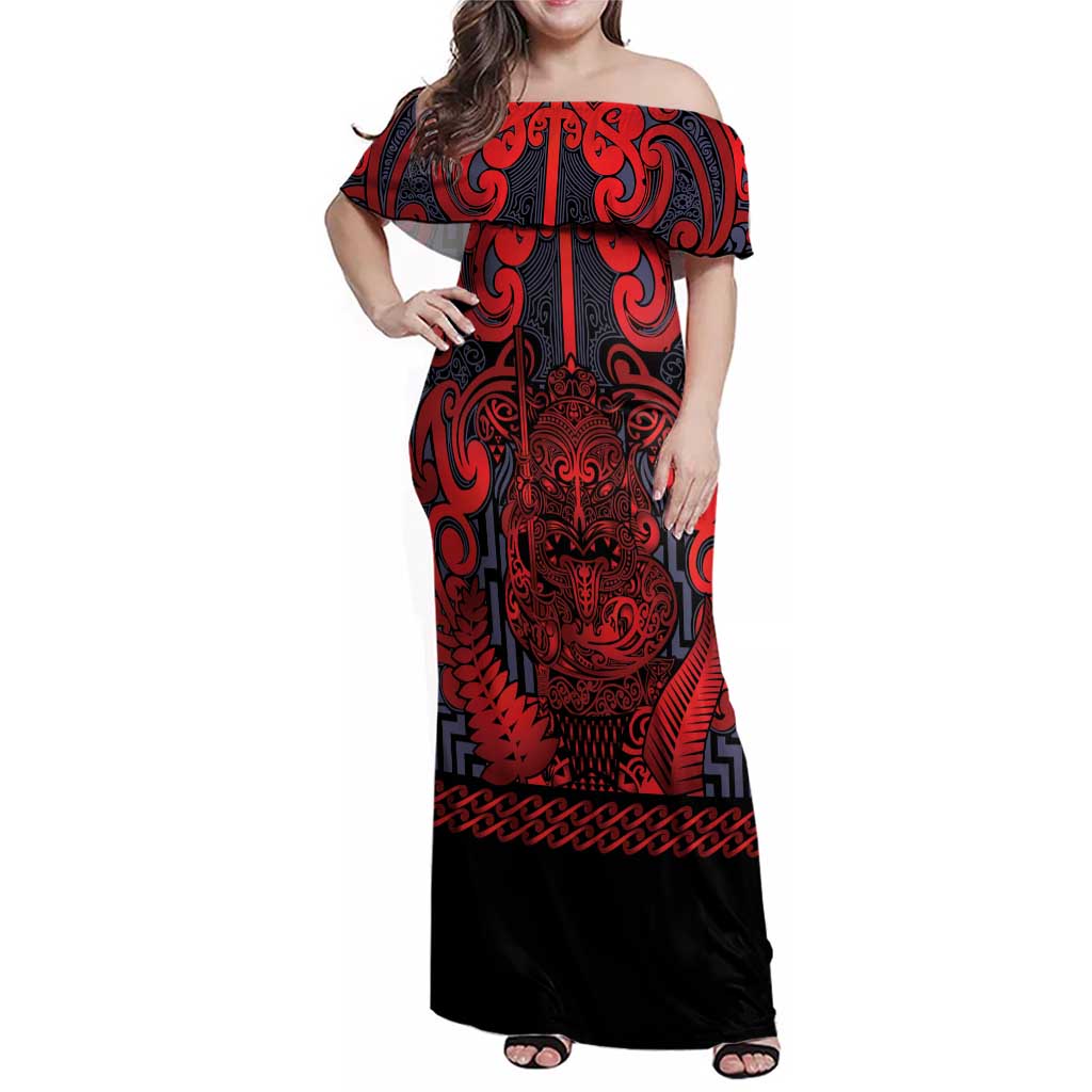 Custom New Zealand Taiaha Maori Family Matching Off Shoulder Maxi Dress and Hawaiian Shirt Whero Minimalist Silver Fern Tukutuku Motif