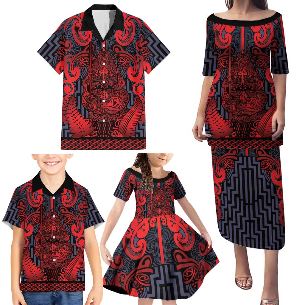 Custom New Zealand Taiaha Maori Family Matching Puletasi and Hawaiian Shirt Whero Minimalist Silver Fern Tukutuku Motif